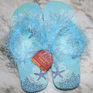 HAND CRAFTED Flip Flop Padded Thong Crochet Faux Fur Eyelash Turquoise Shoes